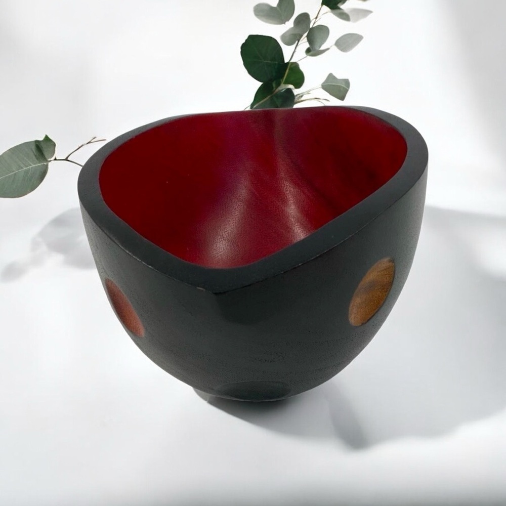 Hand Carved Wood Bowl Decor, Hand Painted Black, Red And Muti-colored Polka Dots - Picture 8 of 8